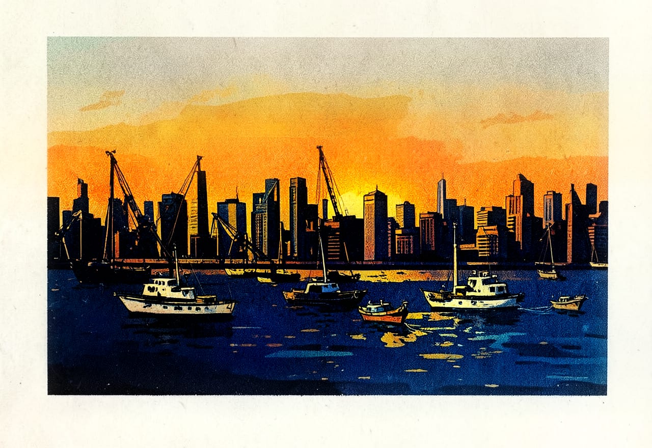 Risgrafische illustratie van een haven bij zonsopkomst, warme crème en kobaltblauw