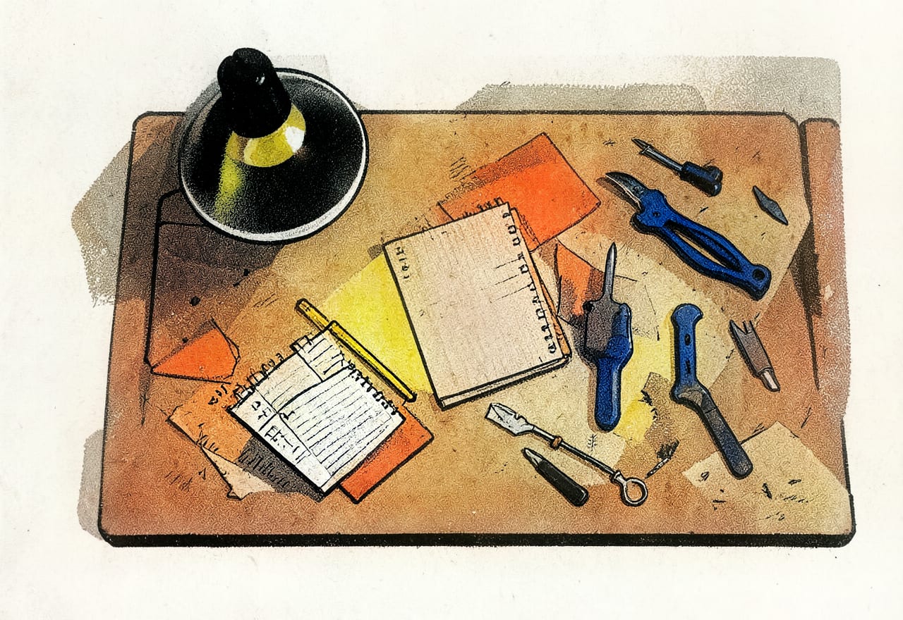 Risgrafische illustratie van een werktafel met gereedschap